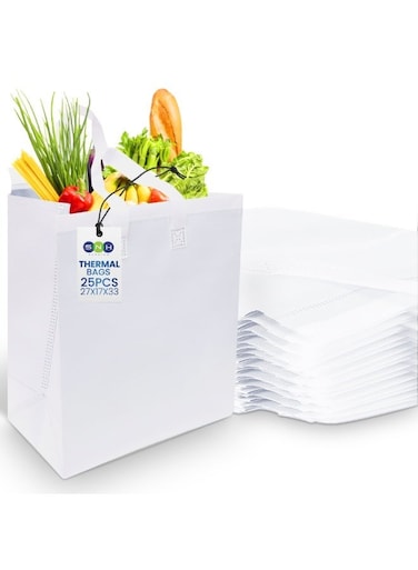 Packing 25 Pack White Insulated Food Bags 27x17x33 cm   Thermal Bags for Hot &amp; Cold Food, Grocery Shopping &amp; Delivery   Reusable Thermal Bag for Frozen Food, Groceries &amp; Takeaway