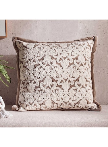 Home Magnolia Hand Embroidered Down Alternative Filled Cushion 50x50cm - Brown
