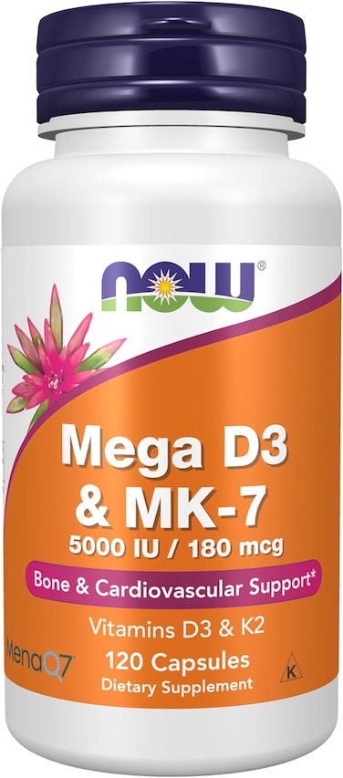 Now Supplements, Mega D-3 &amp; MK-7, 5000 IU / 180 mcg, Bone &amp; Cardiovascular Support*, Vitamins K-3 &amp; K-2, 120 Capsules