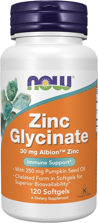 Now Foods Zinc Glycinate 120 Softgels, 30 mg Albion TRAACS Zinc, With 250 mg Pumpkin Seed Oil, Immune Support