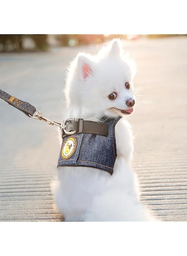 Doogle Denim Dog Harness &amp; Leash Set, No-Pull Vest with D-Ring, Heavy-Duty, Stripes, for Small &amp; Medium Dogs (L)