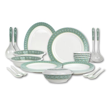 Melrich 26 Pcs Melamine Dinner Set Dinner and Soup plates, salad bowl, serving plate, lid bowl, soup spoon, curry and rice ladle and Bowls Dishwasher and Freezer safe Durable and Strong