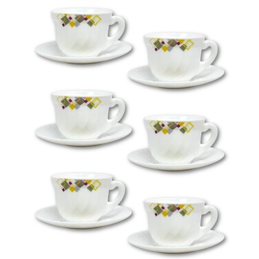 Melrich 6 Pcs Opal ware Coffee Tea Turkish Cup and Saucer Set Service 6 x Coffee Cups with 6 x Saucers for 6 People Home Office, Ceramic Keeps Coffee Warm, Dishwasher-safe