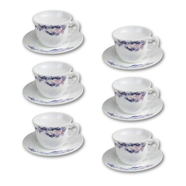 Melrich 6 Pcs Opal ware Coffee Tea Turkish Cup and Saucer Set Service 6 x Coffee Cups with 6 x Saucers for 6 People Home Office, Ceramic Keeps Coffee Warm, Dishwasher-safe