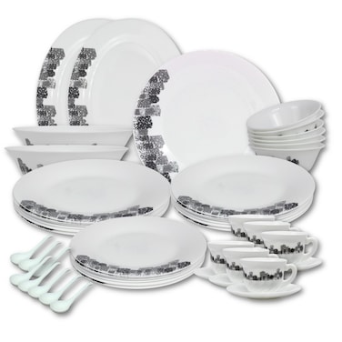 Melrich 56 Pcs Opal ware Dinner set Dishwasher safe Microwave safe Freezer safe 8 Dinner set 8 Dessert plate 8 Soup plate 8 Bowl 2 Large Bowl 2 Serving Plate 6+6 Cup &amp; Saucer 8 Soup Spoon BPA free