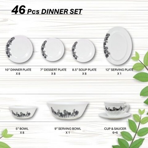 Melrich 46 Pcs Opal ware Dinner set Dishwasher safe Microwave safe Freezer safe 8 Dinner set 8 Dessert plate 8 Soup plate 8 Bowl 1 Large Bowl 1 Serving Plate 6+6 Cup &amp; Saucer BPA free