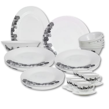 Melrich 46 Pcs Opal ware Dinner set Dishwasher safe Microwave safe Freezer safe 8 Dinner set 8 Dessert plate 8 Soup plate 8 Bowl 1 Large Bowl 1 Serving Plate 6+6 Cup &amp; Saucer BPA free