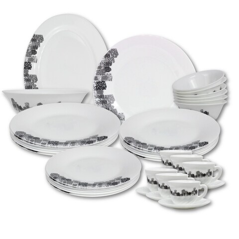 Melrich 46 Pcs Opal ware Dinner set Dishwasher safe Microwave safe Freezer safe 8 Dinner set 8 Dessert plate 8 Soup plate 8 Bowl 1 Large Bowl 1 Serving Plate 6+6 Cup &amp; Saucer BPA free