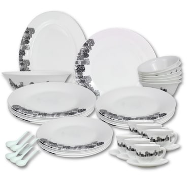 Melrich 44 Pcs Opal ware Dinner set Dishwasher safe Microwave safe Freezer safe 6 Dinner set 6 Dessert plate 6 Soup plate 6 Bowl 1 Large Bowl 1 Serving Plate 6+6 Cup &amp; saucer 6 Soup spoon BPA free