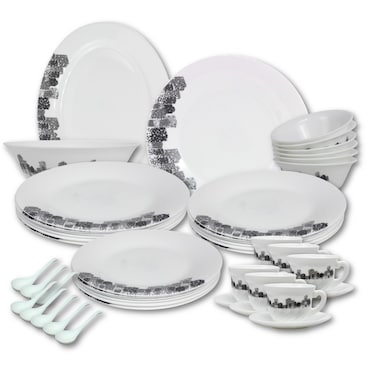 Melrich 54 Pcs Opal ware Dinner set Dishwasher safe Microwave safe Freezer safe 8 Dinner set 8 Dessert plate 8 Soup plate 8 Bowl 1 Large Bowl 1 Serving Plate 6+6 Cup &amp; Saucer 8 Soup Spoon BPA free