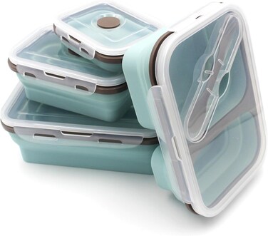 Auroware Silicone School Lunch Box Container Set 4 Piece Food Storage with Lid, Spoon Collapsible Saving Space Lightweight Dishwasher Safe Mint Green