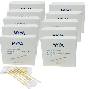 Myya Bamboo Cotton Earbuds  200 pcs x 10 pack   Cotton Buds suitable for Adults and Babies   Multipurpose Dual tip cotton buds with sustainable bamboo stick.