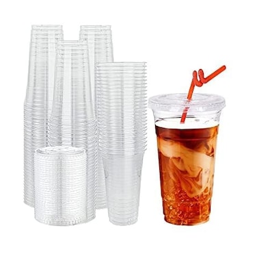 Vsell24&trade; 100PC Disposable Drinking Plastic Cup 16oz For Smoothie Coffee Water Juice Cups With Flat Lid Clear&hellip;