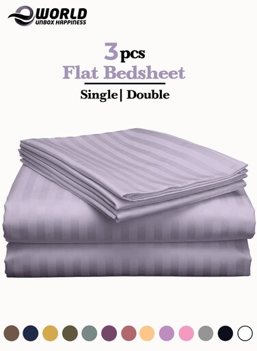 3 Piece Luxury Purple Striped Bed Sheet Set with 1 Flat Sheet and 2 Pillowcases for Hotel and Home Crafted from Ultra Soft and Breathable Microfiber for Year-Round Comfort, (Single/Double)