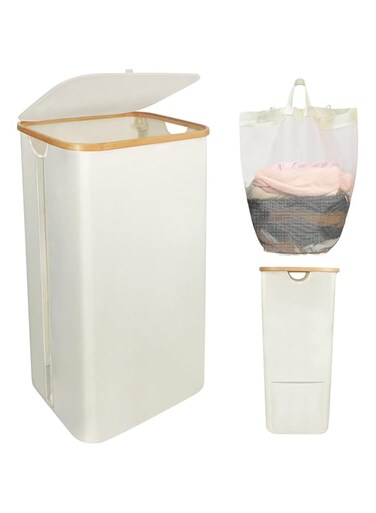 Laundry Baskets with Lid, Beige 100 Liters Large Washing Basket for Laundry with Handles Laundry Hamper for Bedroom Bamboo Bathroom Bin