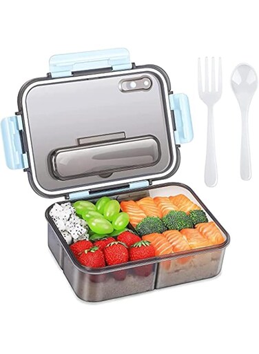 Tazweeq Lunch Box for Adults Kids,3 Compartment Lunch Containers for Adults,Food Grade Plastic Bento Lunch Box with with Spoon &amp; Fork,BPA Free,Leak-proof,Dishwasher Safe,Microwave Safe(Blue)