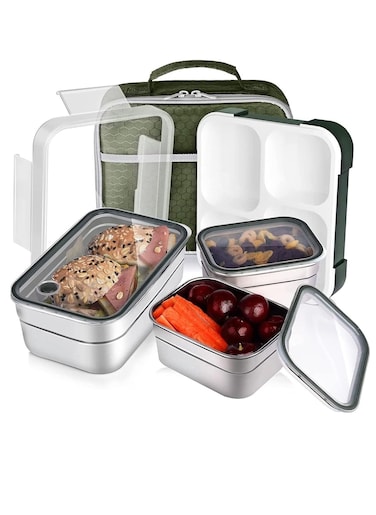 Stainless Steel Lunch Box for Kid School, Insulated Bento Lunch Box with Bag, 3 Compartment Divided Lunch Containers with Lids, Leakproof, BFA Free, Dishwasher Safe, 1260ML Green