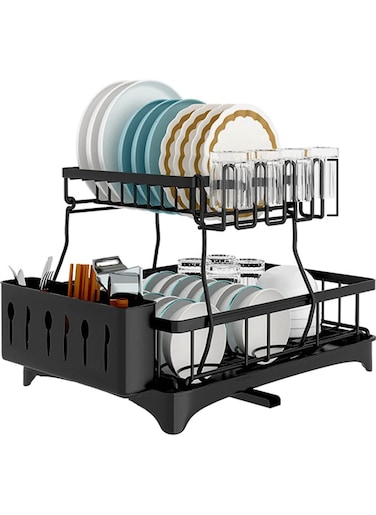 Dish Rack with Drainer 2 Tier Large Kitchen Dish Rack with Removable Utensil Holder and Cup Holder, Stainless Steel Kitchen Dish Drainer Black Dish Rack