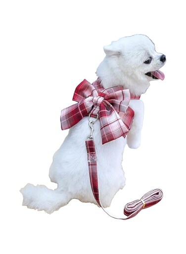 2pcs Plaid Dog Harness &amp; Leash Set Bow Dog Harness Vest Walking Training Easy Control Dog Leash for Small Medium Girls Dogs Cats Puppy (Wine Red, XS)