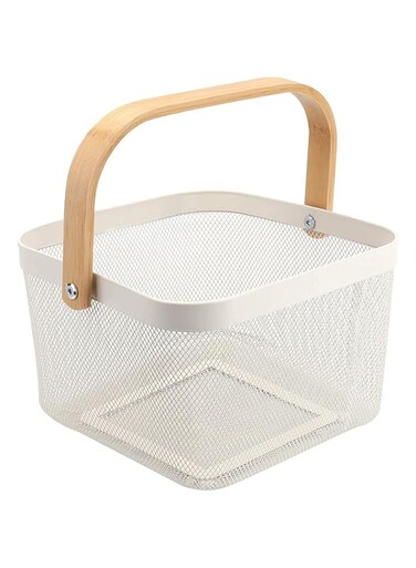 AJIODA Metal Mesh Steel Basket, Storage Organizer Basket Multi-functional Hanging Kitchen Baskets Fruit Basket Bin with Bamboo Handle for Kitchen Bathroom Picnic Decor Cabinet ., White