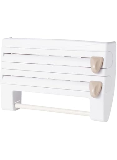 Wisting Storage Holder, 3 in 1 Kitchen Storage Rack Plastic Wrap Cling Film Foil Dispenser Film Storage Rack Cutter Paper Towel Holder Roll Paper Towel Rack