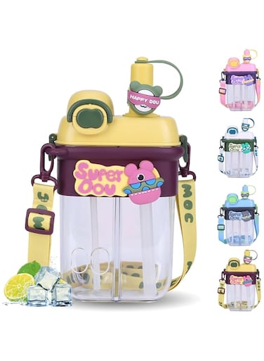 HiGropcore Kawaii Water Bottle with Straw, Double Chamber Cute Water Bottle with Adjustable Strap, Portable Leakproof Water Jug, 27oz