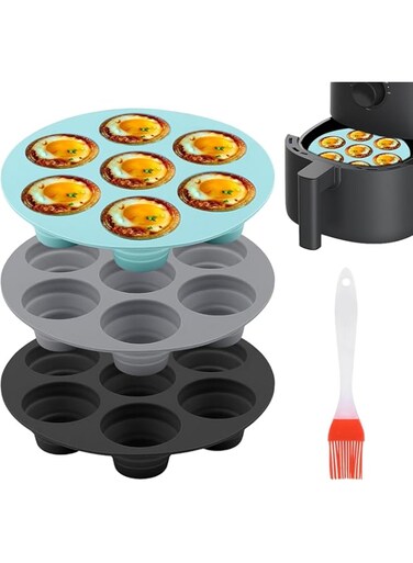 3PCS Silicone Air Fryer Muffin Pan, for Baking 7 Cavity Air Fryer Silicone Cupcake Pans, Non Stick Food Grade Muffin Tins Baking Cups, for Air Fryer, Oven, Instant Pot, with Pastry Brush(As Shown)