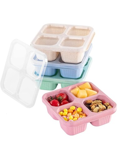 Khazna Snack Boxes, 4 Pcs 4 Compartments Snack Container Reusable Bento Snack Box Food Storage Case for Kids Adults for School, Work and Travel