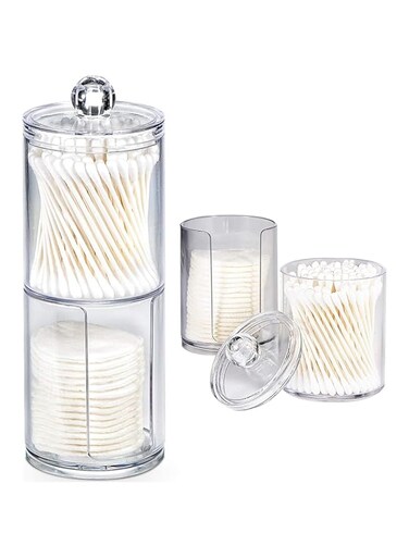 Xspring Cotton Swab Holder, Clear Plastic Cotton Round Pads Holder for Storage Floss Canisters and Dispenser, Detachable Cotton Ball Holder with Dust Lids Set, Bathroom Jars Organizer