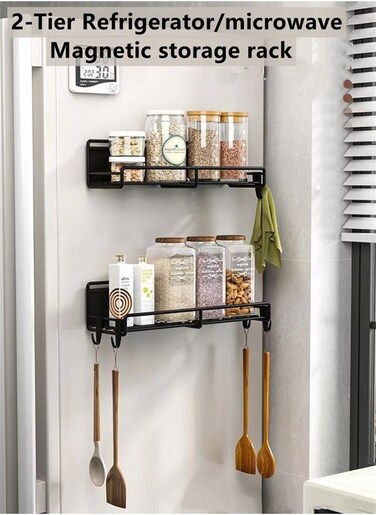 2-piece Refrigerator Magnetic Absorption Storage Shelf Metal Black29x8.5x6cm