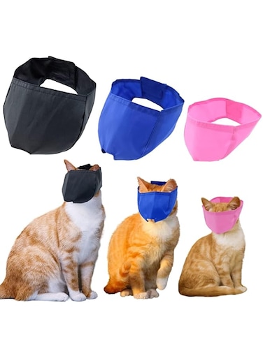 Azonee 3-Piece Cat Muzzle Set, Breathable Mesh, Anti-Bite, Black, Blue, Pink, Fits Cats 5-15 lbs