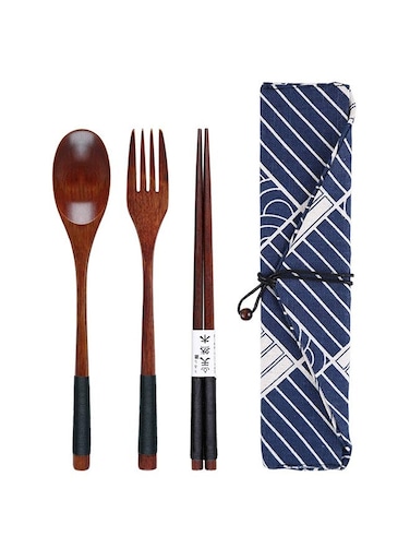 Chopsticks Fork Spoon Three Piece Wooden Travel Cutlery Set with Pouch, Reusable Environmental Protection Pure Wood Portable Utensils, Japanese Style Pattern Office Camping Cutlery (Blue)