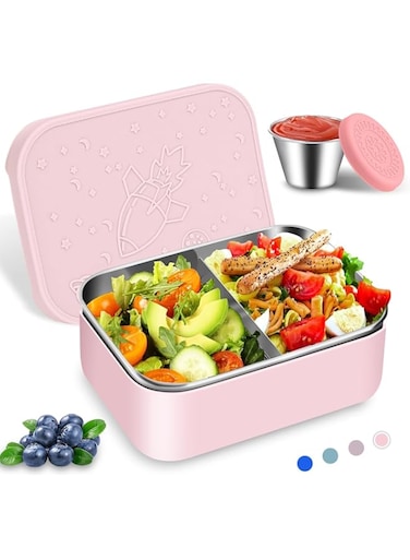 YHRY Stainless Steel Bento Box, 28.7oz Removable Divider Bento Lunch Boxes, Leak Proof Reusable Metal Lunch Containers with Silicone Lid Easy open, Including 2.4oz Sauce Container (Pink)