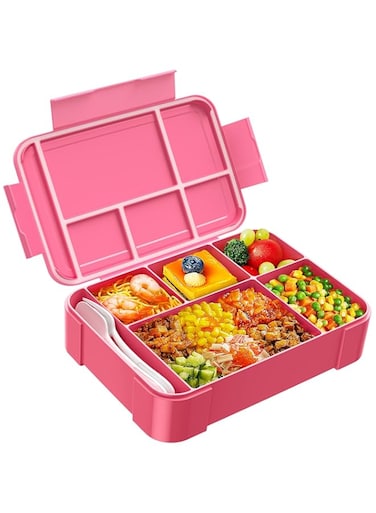 Jelife Kids Bento Box Lunch Box - 1450ml Leakproof 6 Compartments Bento Lunchbox Kids Lunch Boxes with Food Utensils for Back to School, Book-Style Lunch Snack Containers for Toddler Daycare, Pink