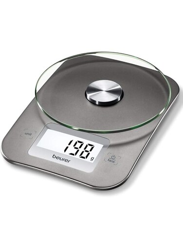 Beurer KS 26 Kitchen Scales with Large Glass Weighing Surface, Backlit Display, 5 kg Load Capacity