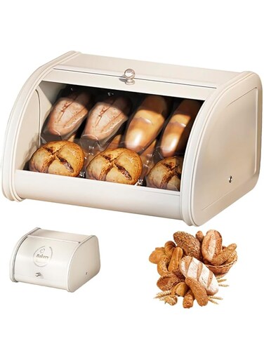 Metal Bread Box Bread Storage Container with Roll Up Top Lid for Kitchen Counter, Large Bread Box Holder Loaf Container Storage Bin Keeper Bread Dispenser Bin for Homemade Food Cake Bun Bagel Saver