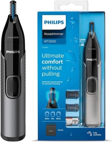 PHILIPS Nose Hair Trimmer Series 3000 Nose, Ear and Eyebrow Trimmer Showerproof with Protective Guard System Battery Operated NT3650/16, Grey