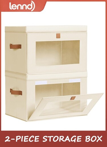 Large Closet Storage Organizer - Clothes Storage Bins with Handles &amp; Window, Collapsible Decorative Boxes with Lids, Fabric Containers for Living Room, Dorm, 2 Pack, Beige
