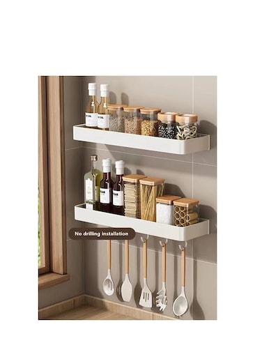 2-Piece Kitchen Aluminium Alloy Wall Organizer with 5 Hook Bathroom Wall Mounted Storage Shelves White 40x13x4 CM