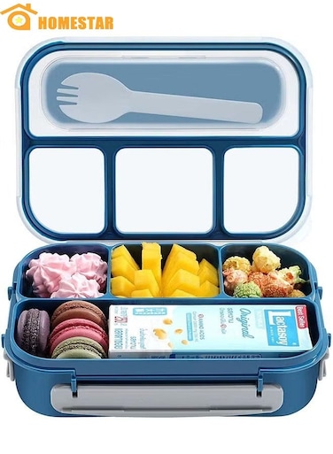 Lunch Box 1300ML, 4 Deep Compartments, BPA Free, Leak-Proof, Reusable, Microwave, Dishwasher, Freezer Safe, with Spoon for Adults, Kids, Blue