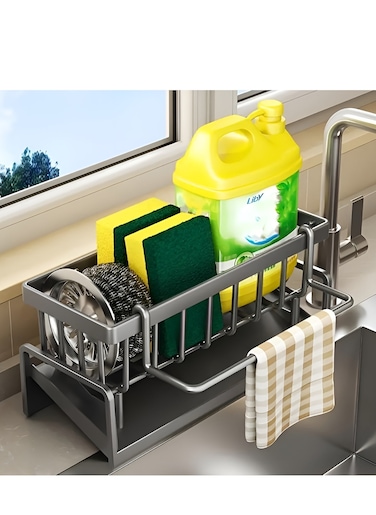Sink Caddy Sponge Holder with Auto Drain Tray Kitchen Sink Organizer and Storage Rack for Dish Soap Dispenser Brush Scrubbers and Towel stand