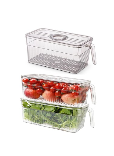 KUAIJI 3-Pack Containers for Fridge Stackable Food Storage Produce Saver Containers for Refrigerator, Berry Keeper Boxes for Fridge with Removable Drain Tray Keep Fresh for Vegetables,Fruit,Salad