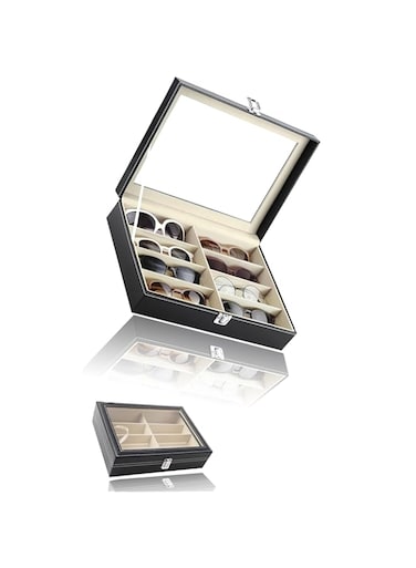 Black Leather Sunglass Organizer - 8-Slot Eyewear Display Case and Storage Box