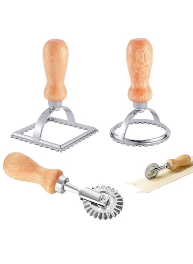 seven 3-Piece Ravioli Maker Set: Square &amp; Round Mold, Pastry Cutter Wheel, Wooden Handle - Create Homemade Pasta with Fluted Edge Design