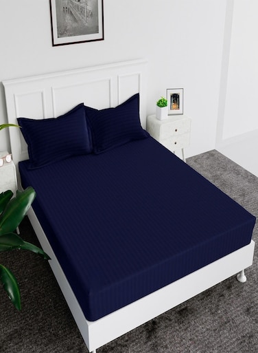 Fitted Elastic Bedsheet Set With Pillow Covers, King/Queen/Double/Single Sizes, Color Blue