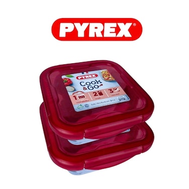Pyrex Cook &amp; Go Square Storage Dish 800ml &ndash; Pack of 2 &ndash; Airtight, Oven &amp; Microwave Safe
