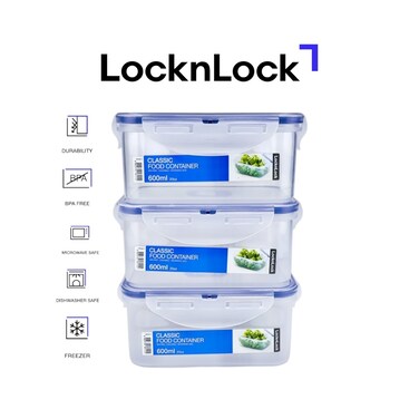 LocknLock 600ml Rectangle Airtight Food Storage PACK of 3 &ndash; BPA-Free, Microwave, Freezer, and Dishwasher Safe