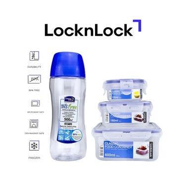 LocknLock Essentials Bundle &ndash; Round (100ml), Rectangle (180ml), Square (600ml) Food Containers &amp; 500ml Tritan Sports Water Bottle with Straw