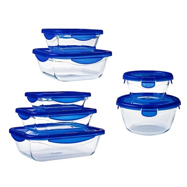 Pyrex Cook &amp; Go 7-Piece Set Food Storage with Airtight Lid &ndash; Oven, Freezer &amp; Microwave Safe Borosilicate Glass