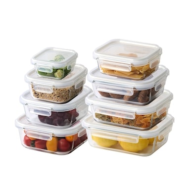 LocknLock Stackable Tempered Glass Food Container Set of 8 &ndash; Airtight, Leakproof, Oven &amp; Microwave Safe &ndash; Rectangle &amp; Square Mix (370ml&ndash;1500ml)